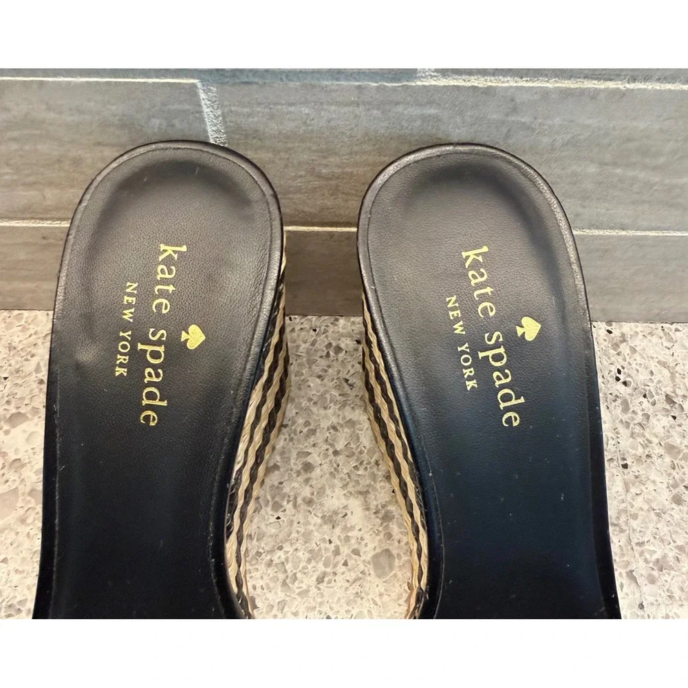 Kate Spade NY Linda Wedge Sandals Black Cream Striped Raffia & Leather Size 6.5M